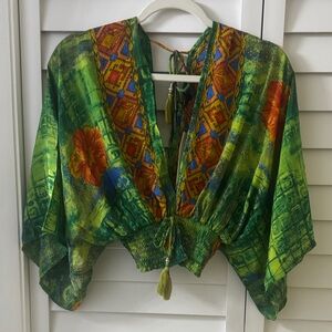 Green Floral Kimono Top with Tassel Tie by Boho Miami